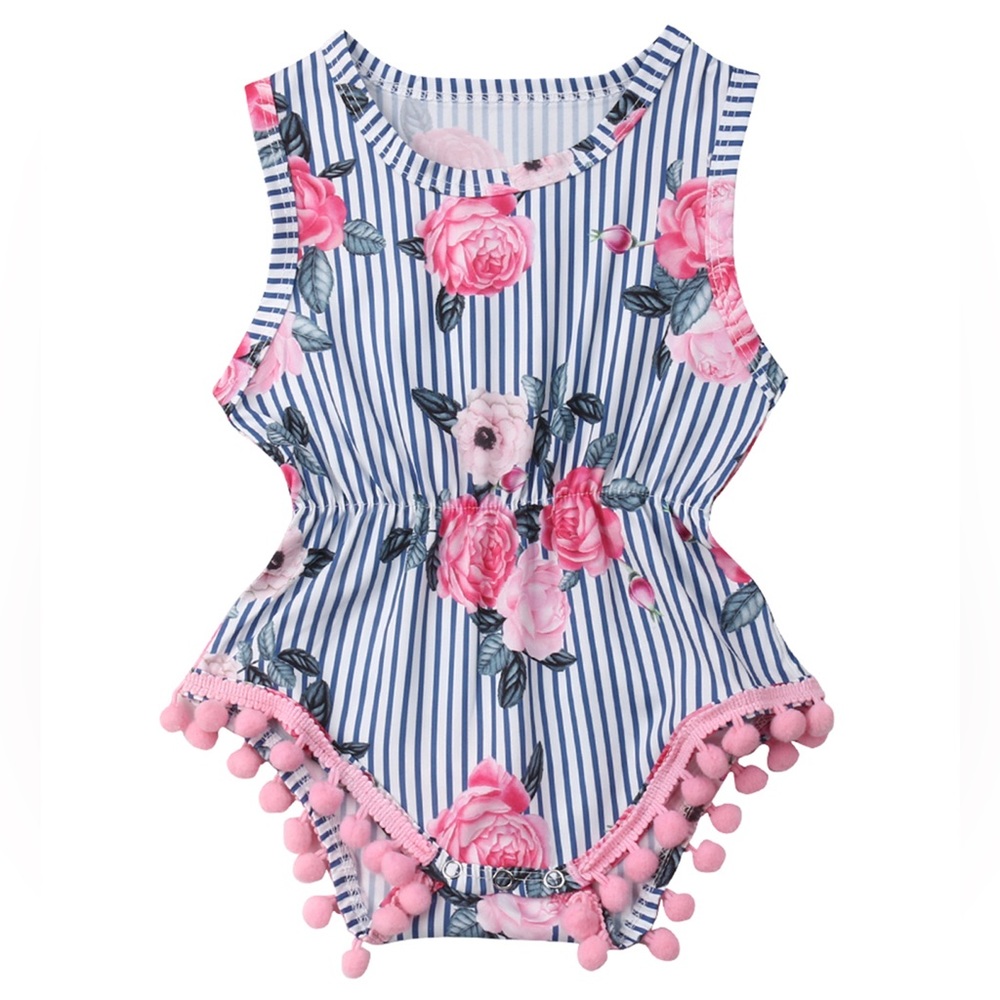 Baby Floral Striped Romper with Pom-Pom Leg Hem